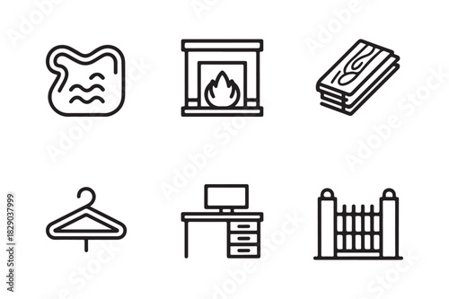 Collection of six simple line art icons representing home and household items