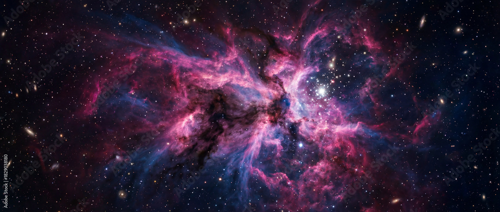 Naklejka premium Cosmic Nebula with Vibrant Colors Illuminating Space 