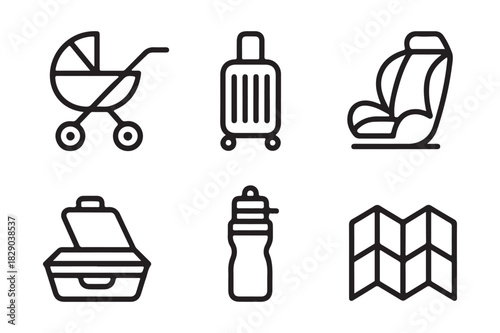 Travel and family essentials icons set