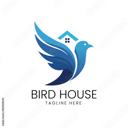 Blue bird flying with a house on its back or a house silhouette, representing real estate or safe shelter Vector logo template