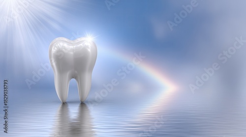 Bright and shiny tooth on reflective water surface with rainbow backdrop