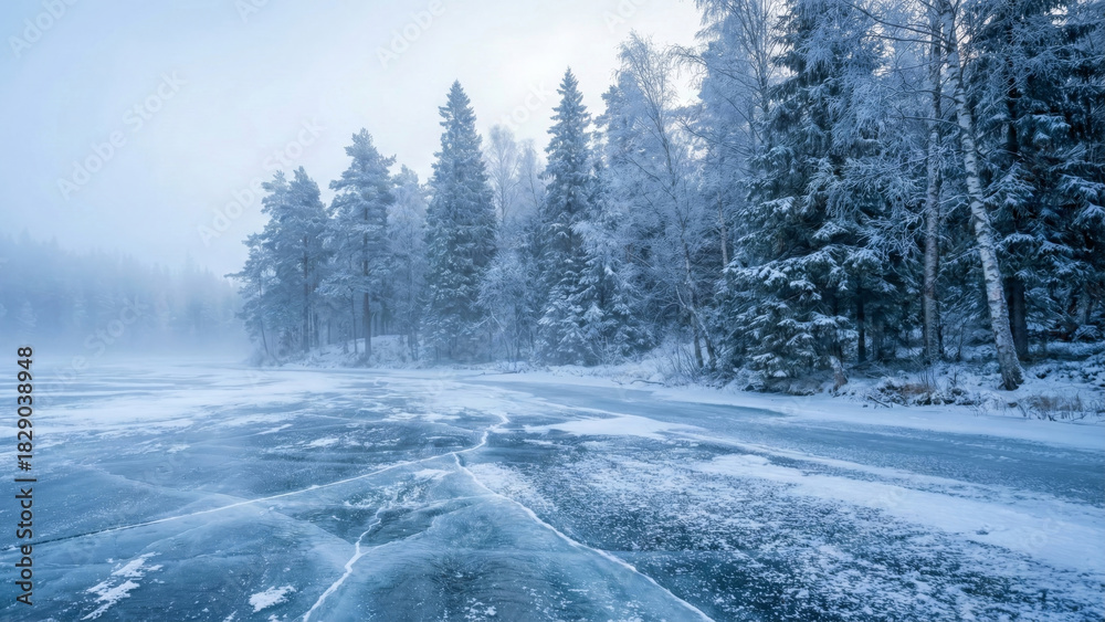 Fototapeta premium Frozen Lake Surface with Ice Cracks and Snow Covered Pine Forest in Misty Winter Landscape