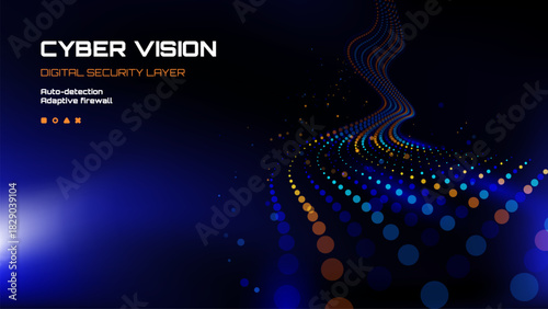 Cyber vision digital security layer with abstract data flow. Technology concept for adaptive firewall auto-detection and modern network protection.