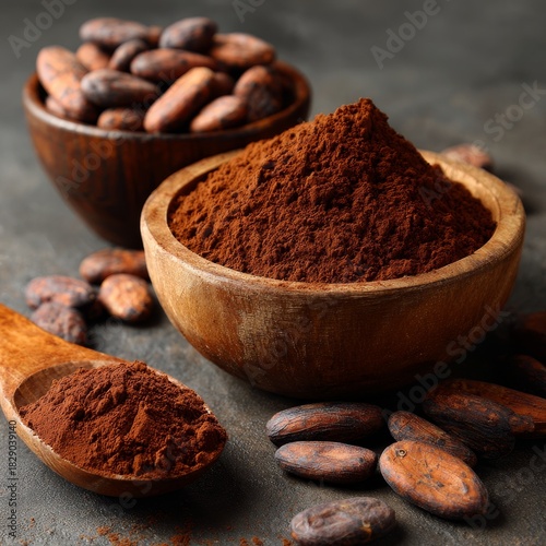 Indulgent display of cocoa powder, cocoa beans, and a wooden bowl filled with sweet treats