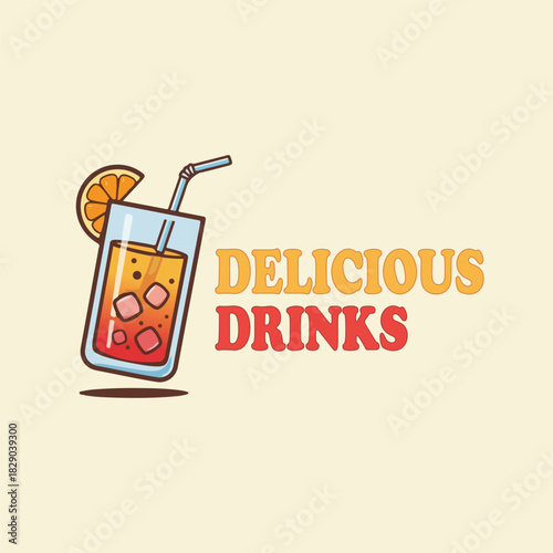 A tall glass of iced tea or juice with a slice of citrus and straw for beverage and refreshment Vector logo template
