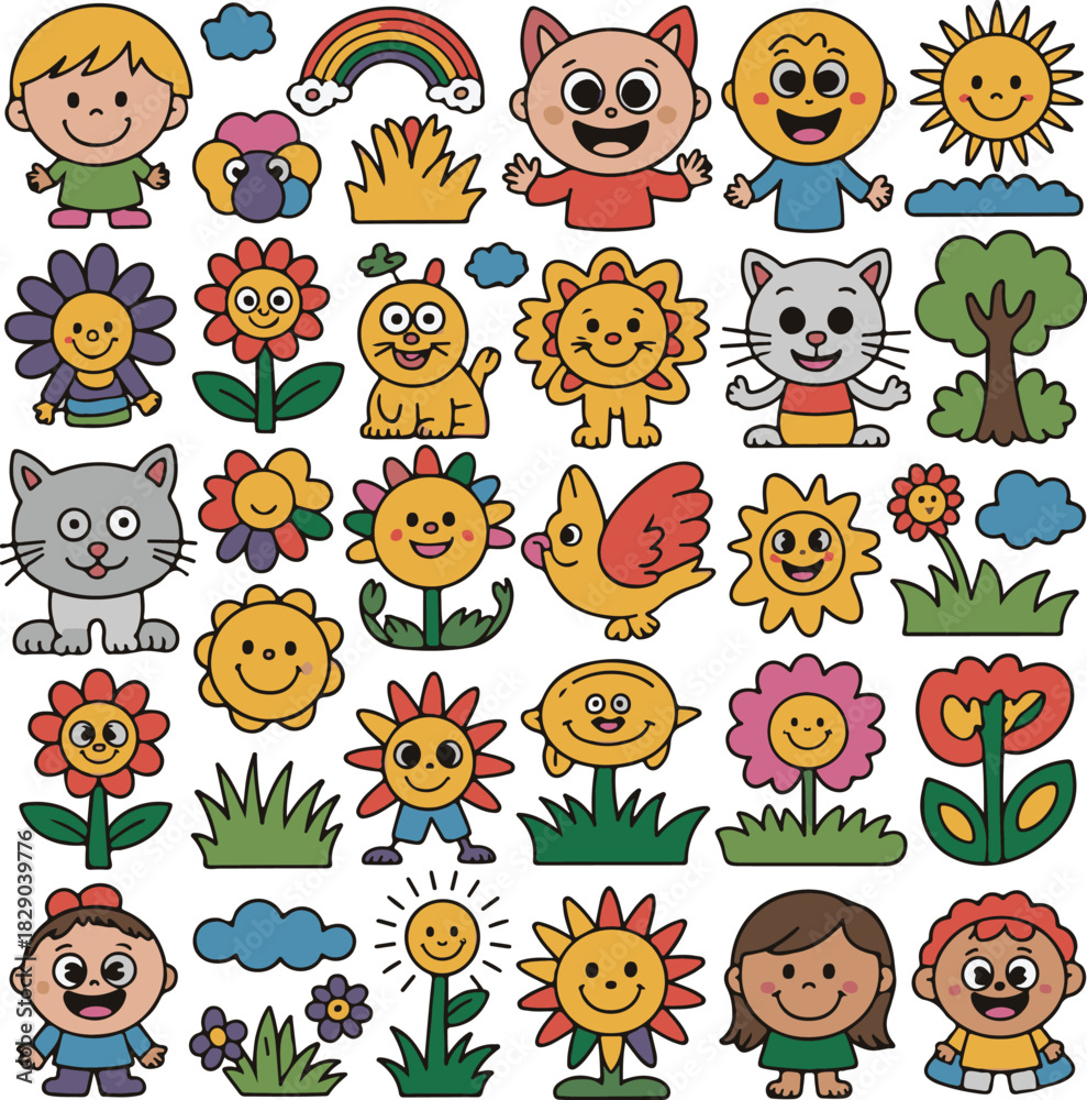Fototapeta premium A cute vector set of smiling baby animal faces including lion, tiger, panda, dog, bear, pig, sheep, rabbit, cat, and giraffe for fun kid character icons