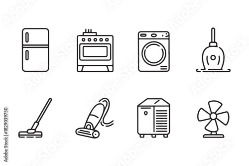 Collection of line art icons for home appliances and cleaning tools