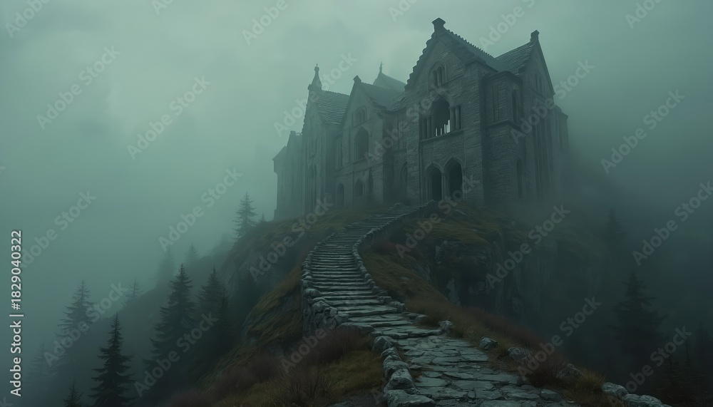 Naklejka premium Ethereal mist shrouds old mountaintop castle ruins. Stone stairs lead to fortress among hills. Ancient gothic architecture evokes mystery, fantasy. Forest trees surround landmark, sky disappears in