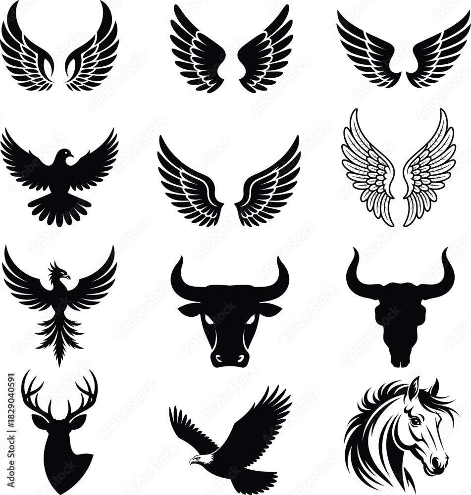 Obraz premium Collection of various animal and bird silhouettes, including eagles, bulls, deer, horses, phoenixes, and wings