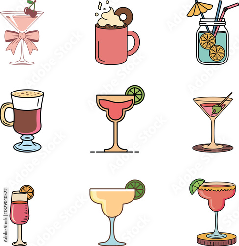Collection of colorful cocktail illustrations set of various alcoholic and nonalcoholic drinks for party or celebration