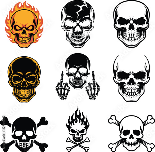 A collection of nine skull illustrations in various styles, including flaming skulls, skulls with bones, and skulls giving the middle finger