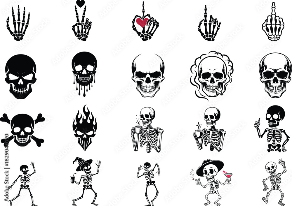 Naklejka premium Collection of spooky skeleton illustrations, perfect for halloween designs, tattoo art, or edgy graphic projects