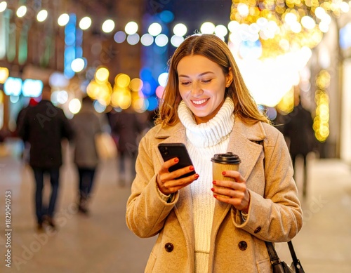 Woman scrolls her phone on the street of a business area, she holds a takeaway coffee
