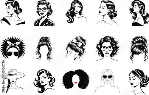 Collection of fifteen hand drawn womens hairstyles set of different haircuts for girls vector illustration for beauty salon