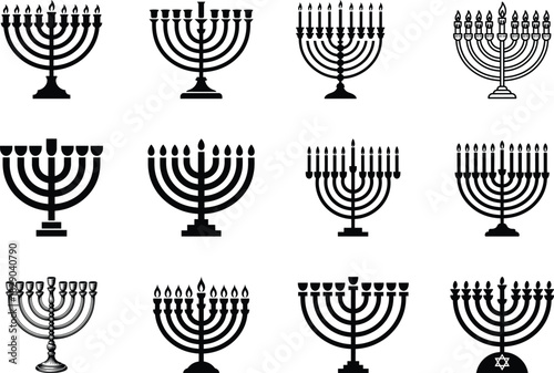 Collection of menorah illustrations, showcasing various designs and styles for hanukkah celebrations and jewish traditions