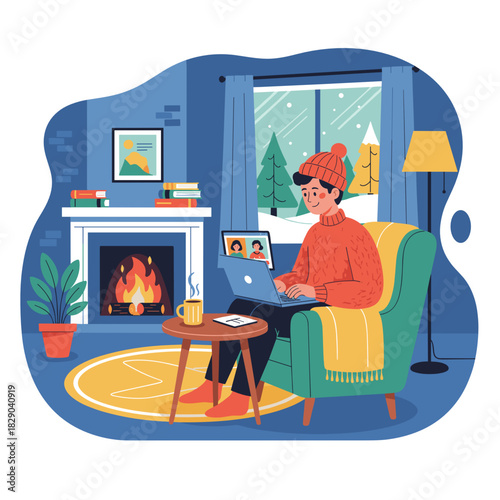 Young male student studying online on laptop in cozy winter room with fireplace and snow window view representing remote education lifestyle