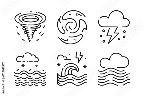 Collection of hand drawn weather icons representing natural disasters