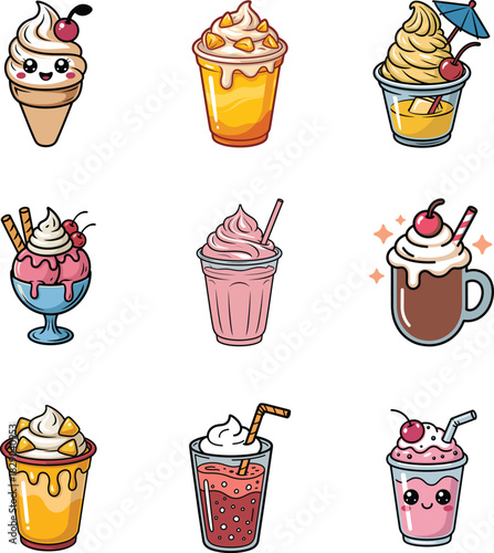 A delightful collection of nine assorted cartoonstyle dessert drinks, featuring ice cream cones, milkshakes, and smoothies