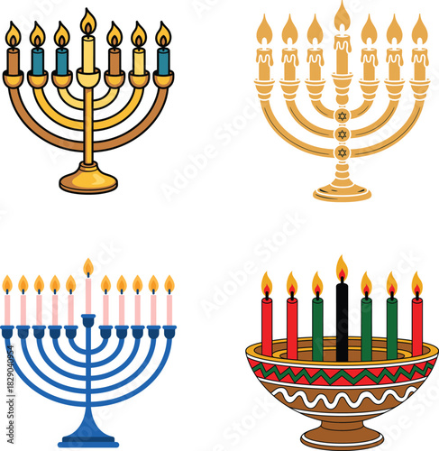 Four different menorahs for hanukkah and kwanzaa the menorahs are gold, blue, and red and green with candles