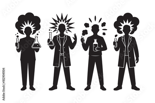 Silhouettes of four individuals holding scientific equipment and radiating ideas