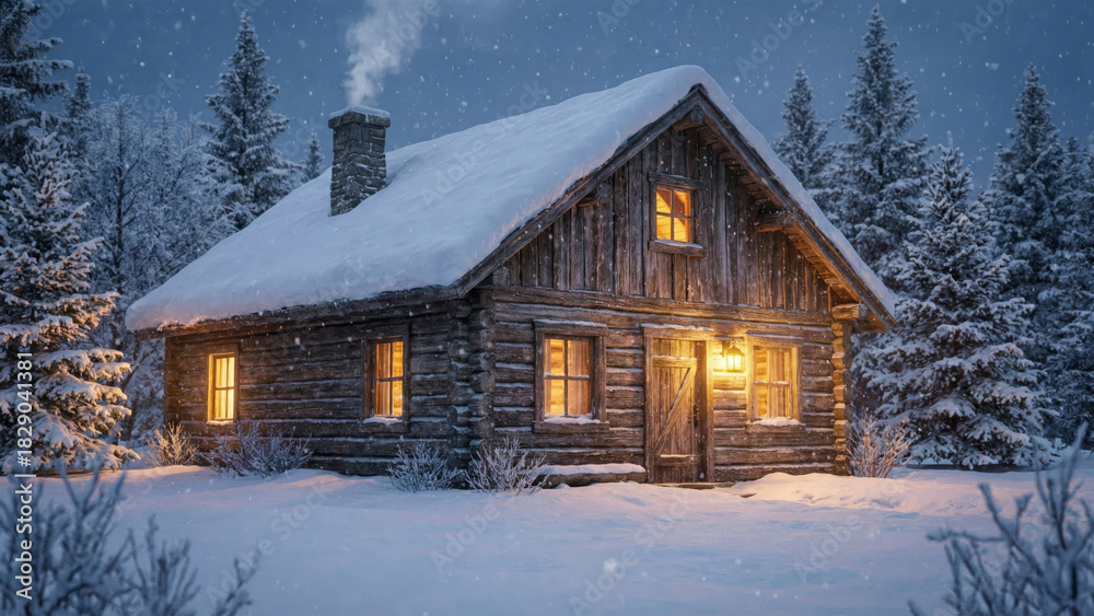 Fototapeta premium Cozy Wooden Log Cabin in Snowy Pine Forest with Smoking Chimney and Warm Glowing Windows at Twilight
