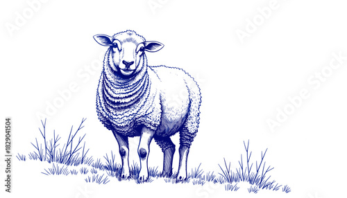 Vintage sketch of a sheep with blue ink on white background - Concept of Frost on sheep’s wool  