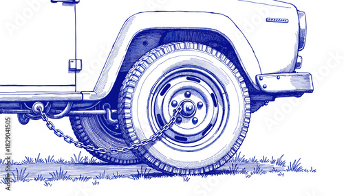 Vintage sketch of a car tire chains close-up concept 