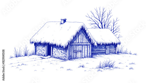 Vintage sketch of a snow-covered sheepfold in blue ink  