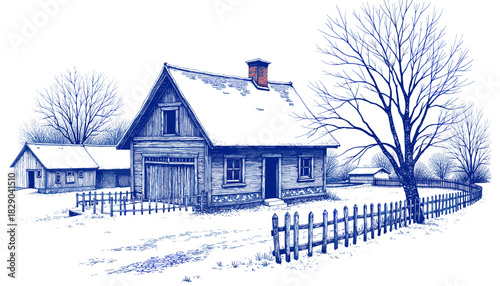 Vintage sketch of a snowy house and tree in winter landscape - Concept of Vintage sketch with pen and blue ink  