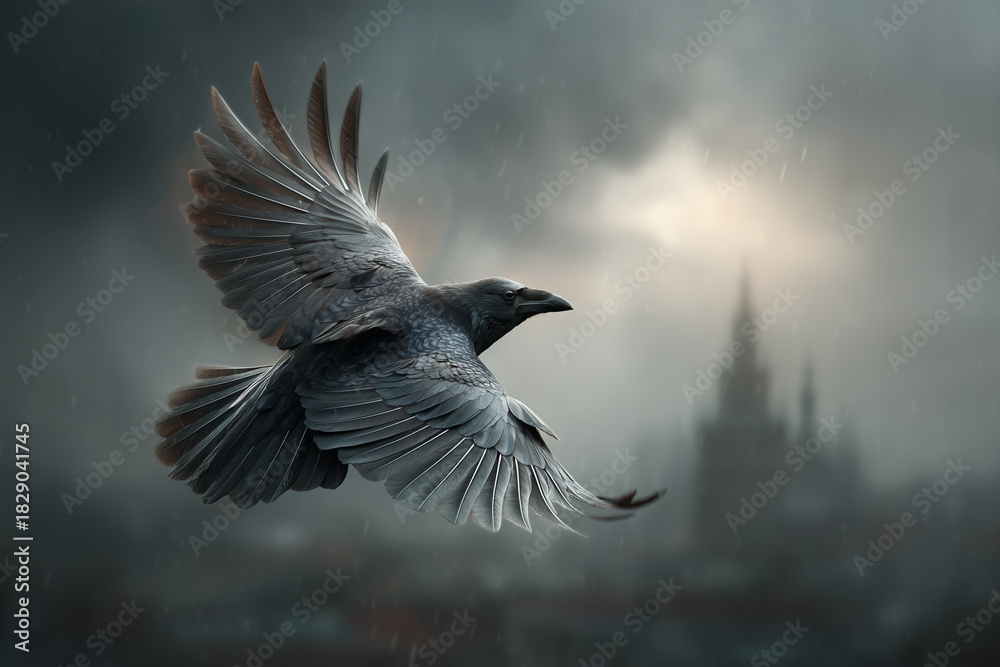 Naklejka premium Fliegende Krähe in natürlicher Umgebung – dynamische Wildtieraufnahme