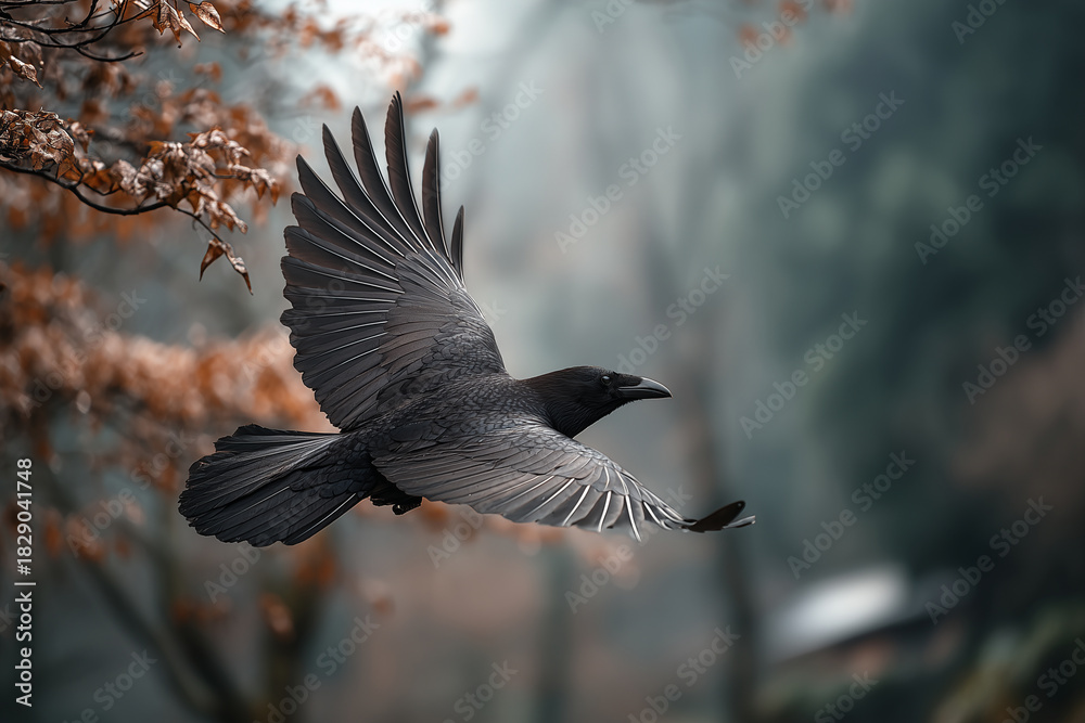 Naklejka premium Fliegende Krähe in natürlicher Umgebung – dynamische Wildtieraufnahme