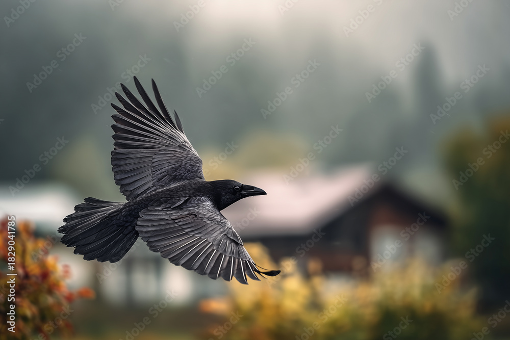 Obraz premium Fliegende Krähe in natürlicher Umgebung – dynamische Wildtieraufnahme