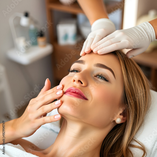 Woman receiving facial buccal massage in beauty salon.Beauty and skincare concept with a beautiful woman. Middle aged female relaxed with massage for facial lifting