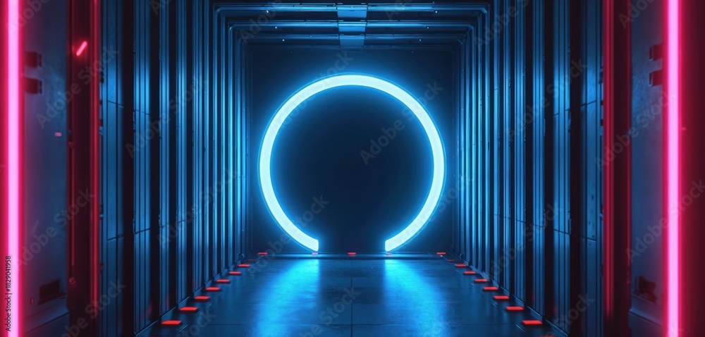 Fototapeta premium Abstract tech illustration of blue neon circle. Digital corridor with red and blue lights. Futuristic tunnel with glowing lights shows access. Cyberpunk style tech scene concept.