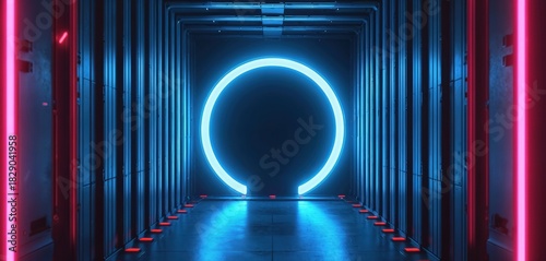 Fototapeta Naklejka Na Ścianę i Meble -  Abstract tech illustration of blue neon circle. Digital corridor with red and blue lights. Futuristic tunnel with glowing lights shows access. Cyberpunk style tech scene concept.