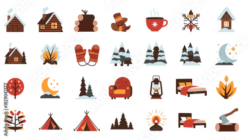 Cozy winter cabin getaway vector set, rustic chalet, snowy trees, holiday adventure icons