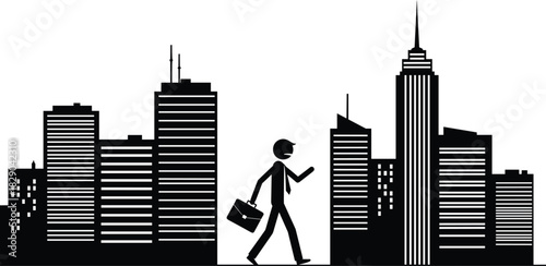 Businessman walking with briefcase in city skyline silhouette representing urban work life, corporate career, daily commute and professional lifestyle concept