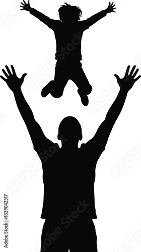 Father lifting child high in the air silhouette symbolizing family bond, happiness, parenting, childhood joy, love and emotional connection