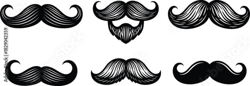 Vintage mustache illustration set featuring classic curled styles, barbershop grooming elements, beard designs and retro facial hair collection for design use