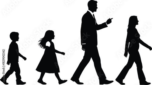 Silhouette illustration of family walking together showing father, mother, son and daughter moving forward for lifestyle, parenting and community concepts