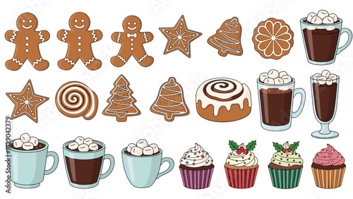 Festive holiday baking collection of gingerbread cookies, cupcakes and hot chocolate treats