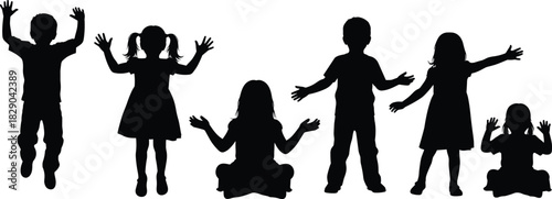 Silhouette collection of children standing, sitting and raising hands in playful poses, expressing joy and fun for kids activity illustrations