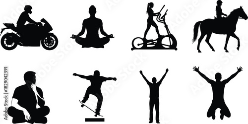 Silhouette collection of people doing activities including motorcycle riding, meditation, exercise, horse riding, skateboarding and celebrating poses for lifestyle illustrations