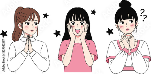 Cute anime style girls showing surprised, thoughtful and emotional expressions with hand gestures, colorful illustration set for character design and emotional concepts