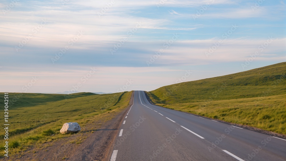 Fototapeta premium Scenic winding road through hills under a clear sky during sunset