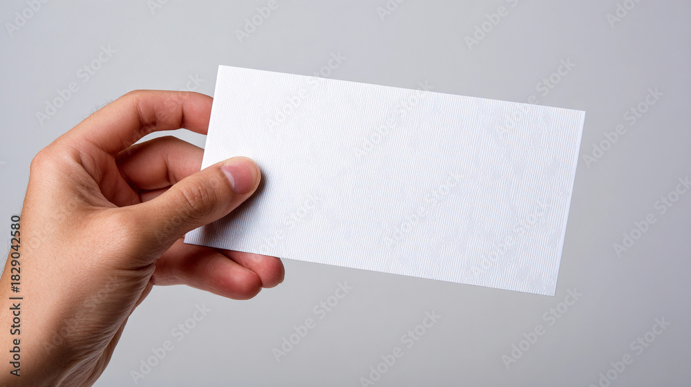 Fototapeta premium Hand holds a blank card against a plain background