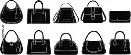 Women’s, handbag, silhouettes, collection, fashion, accessories, stylish, purses, designer, bags, isolated, vector, set, luxury, leather, tote, shoulder, clutch, elegant, illustration