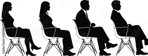Business, people, sitting, in, chairs, silhouette, team, professionals, waiting, line, corporate, group, office, posture, workforce, employment, row, candidates, meeting, concept