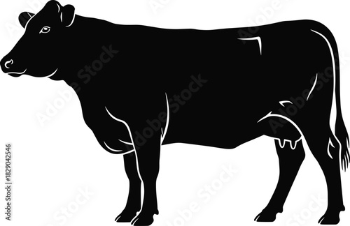 Black cow silhouette illustration representing farm animal, dairy cattle, agriculture livestock, ranch icon, and rural farming concepts for design use