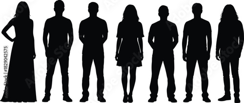 Silhouettes of diverse standing people in various poses, black human figures for design, presentation, illustration, crowd concepts, and creative projects